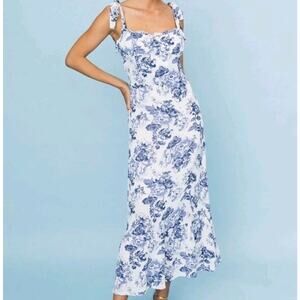 OPT Toile De Jouy Midi Dress sz 4 Blue White Floral Boho Coquette Feminine